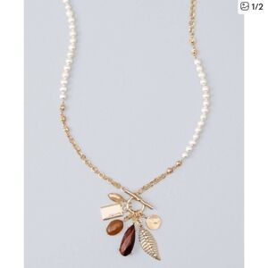 WHBM Tiger Eye & Pearl Charm Necklace NWT